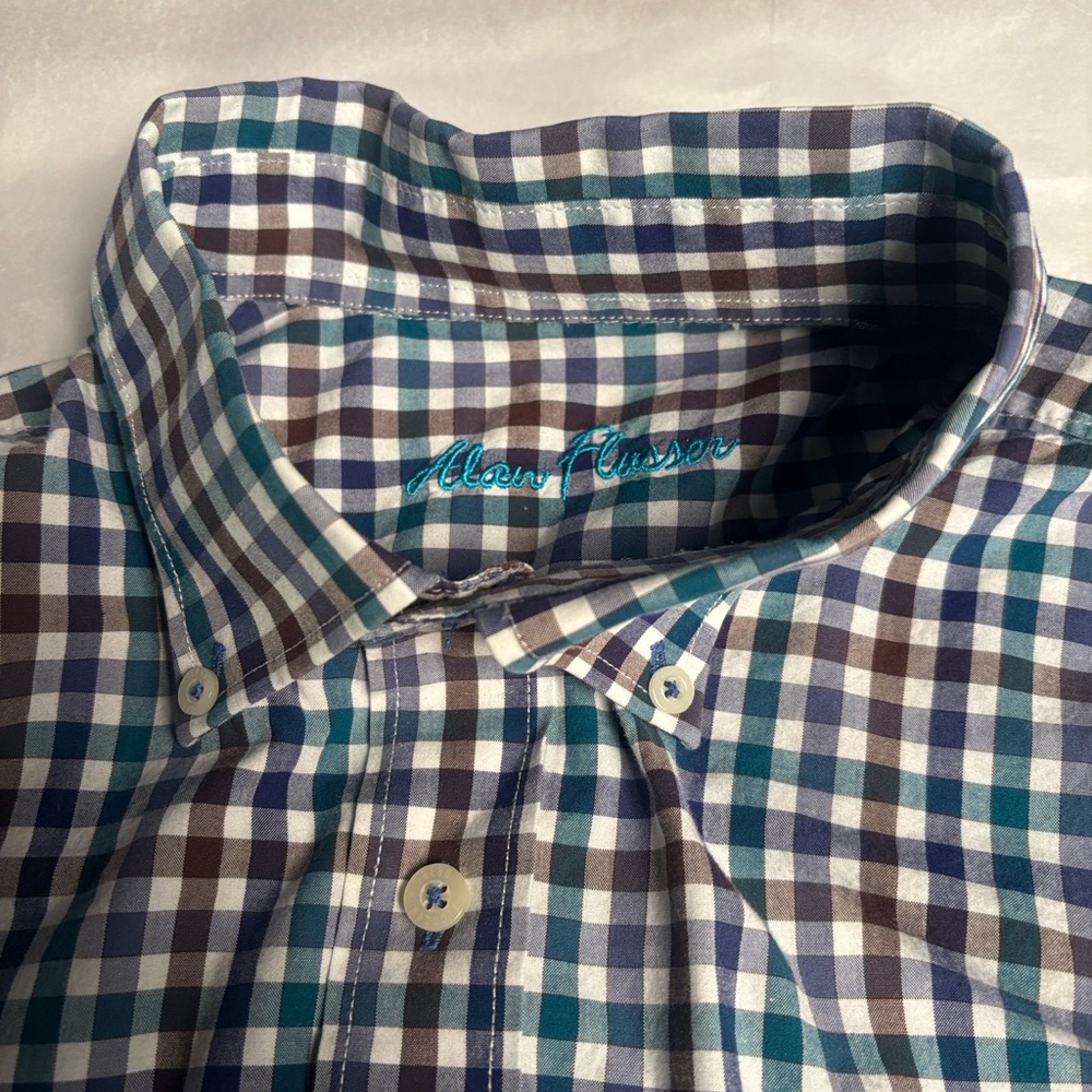 Alan Flusser Men's Blue and Brown Checkered Shirt Size Large